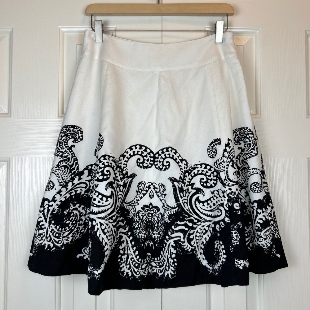 White House Black Market Black Paisley Cotton Silk Blend A-Line Skirt Size 8